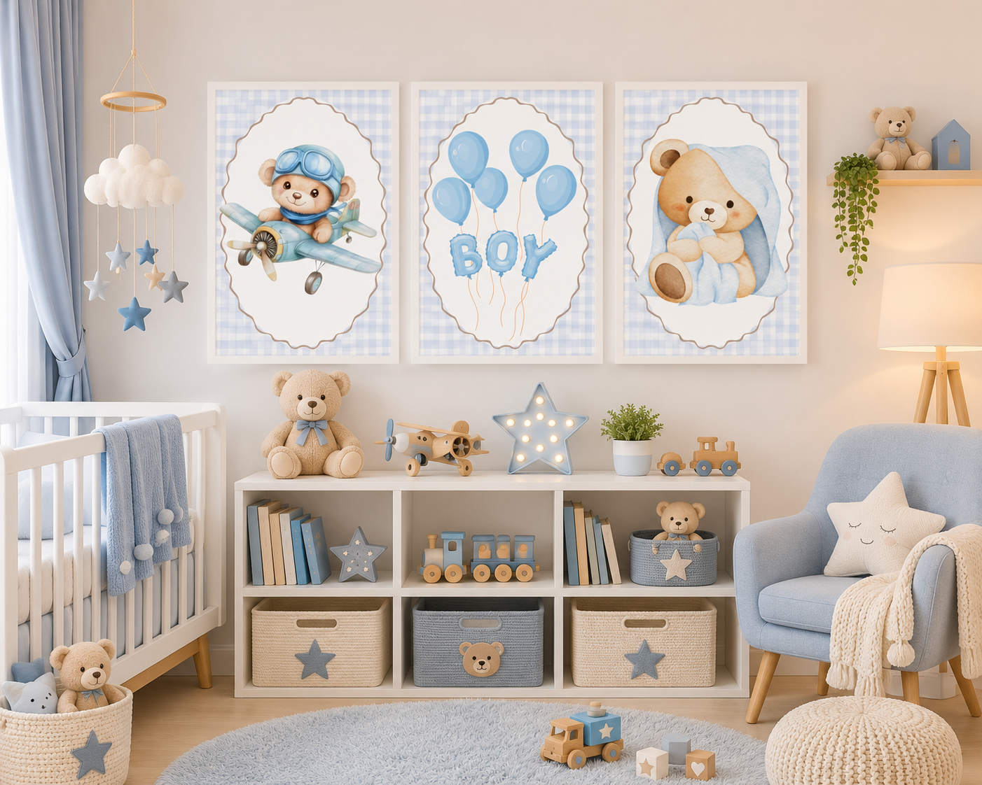 Set 3 tablouri pentru camera băiețelului – Ursuleți & Avion